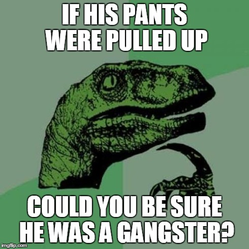 Philosoraptor Meme | IF HIS PANTS WERE PULLED UP COULD YOU BE SURE HE WAS A GANGSTER? | image tagged in memes,philosoraptor | made w/ Imgflip meme maker