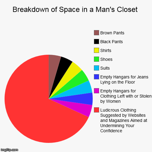 Breakdown of Space in a Man's Closet | image tagged in funny,pie charts,pants,men | made w/ Imgflip chart maker