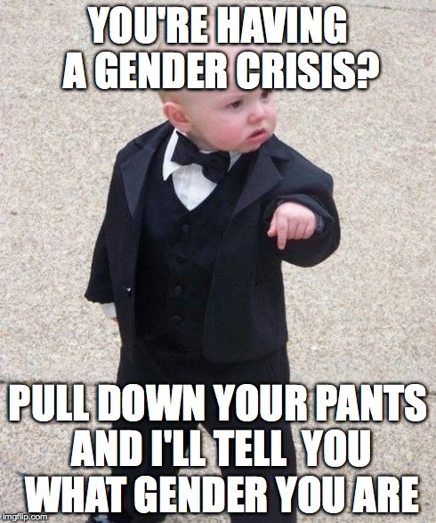 How is a gender crisis even a thing? | YOU'RE HAVING A GENDER CRISIS? PULL DOWN YOUR PANTS AND I'LL TELL  YOU WHAT GENDER YOU ARE | image tagged in memes,baby godfather,gay,funny,true | made w/ Imgflip meme maker