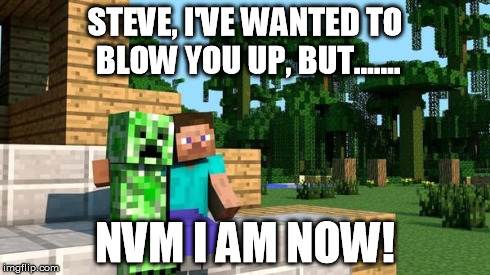 minecraft friendship | STEVE, I'VE WANTED TO BLOW YOU UP, BUT....... NVM I AM NOW! | image tagged in minecraft friendship | made w/ Imgflip meme maker