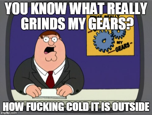 Peter Griffin News Meme | YOU KNOW WHAT REALLY GRINDS MY GEARS? HOW F**KING COLD IT IS OUTSIDE | image tagged in memes,peter griffin news | made w/ Imgflip meme maker