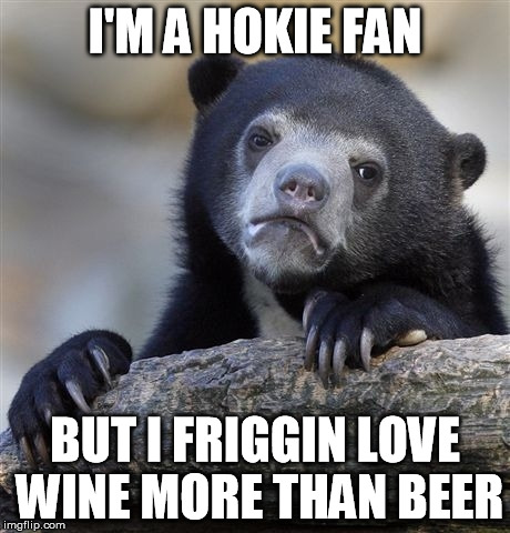 Confession Bear Meme | I'M A HOKIE FAN BUT I FRIGGIN LOVE WINE MORE THAN BEER | image tagged in memes,confession bear | made w/ Imgflip meme maker