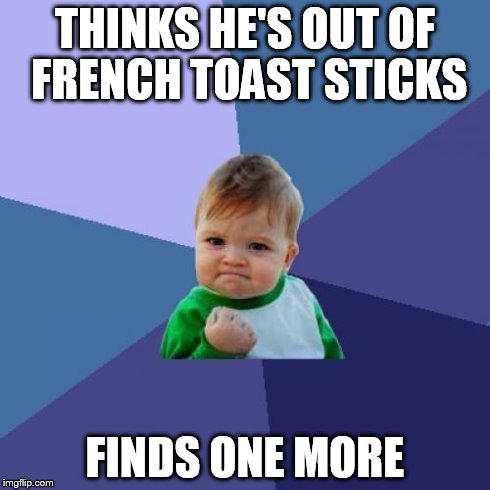 Success Kid | THINKS HE'S OUT OF FRENCH TOAST STICKS FINDS ONE MORE | image tagged in memes,success kid | made w/ Imgflip meme maker