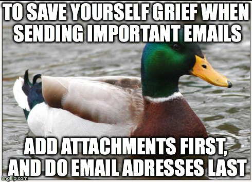 Actual Advice Mallard Meme | TO SAVE YOURSELF GRIEF WHEN SENDING IMPORTANT EMAILS ADD ATTACHMENTS FIRST, AND DO EMAIL ADRESSES LAST | image tagged in memes,actual advice mallard,AdviceAnimals | made w/ Imgflip meme maker