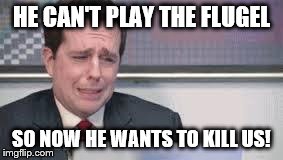 Sad Andy | HE CAN'T PLAY THE FLUGEL SO NOW HE WANTS TO KILL US! | image tagged in sad andy | made w/ Imgflip meme maker