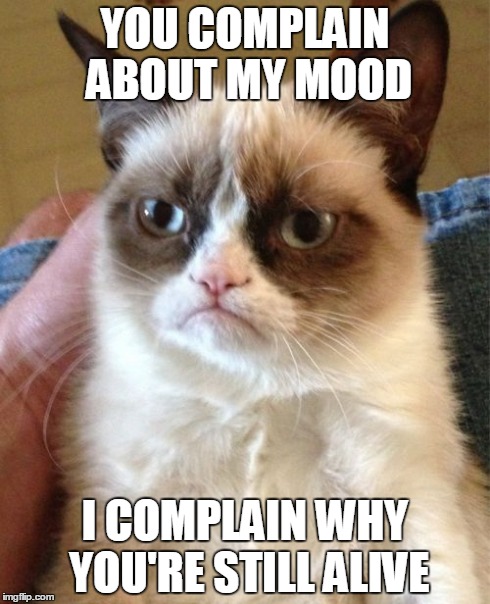 Grumpy Cat | YOU COMPLAIN ABOUT MY MOOD I COMPLAIN WHY YOU'RE STILL ALIVE | image tagged in memes,grumpy cat | made w/ Imgflip meme maker