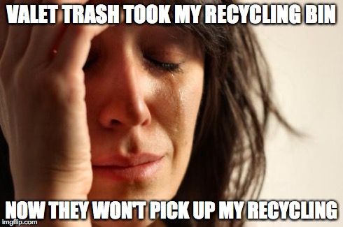 First World Problems | VALET TRASH TOOK MY RECYCLING BIN NOW THEY WON'T PICK UP MY RECYCLING | image tagged in memes,first world problems | made w/ Imgflip meme maker