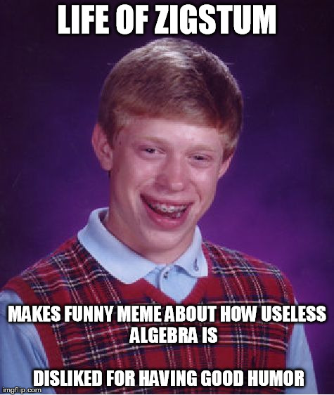 Bad Luck Brian Meme | LIFE OF ZIGSTUM MAKES FUNNY MEME ABOUT HOW USELESS             ALGEBRA IS                                                    DISLIKED FOR HA | image tagged in memes,bad luck brian | made w/ Imgflip meme maker