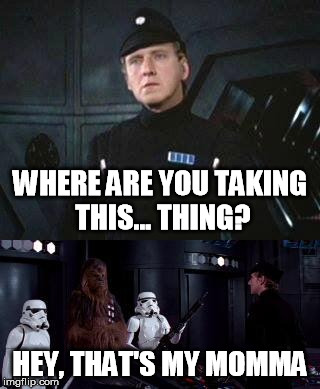 WHERE ARE YOU TAKING THIS... THING? HEY, THAT'S MY MOMMA | image tagged in taking wookie | made w/ Imgflip meme maker