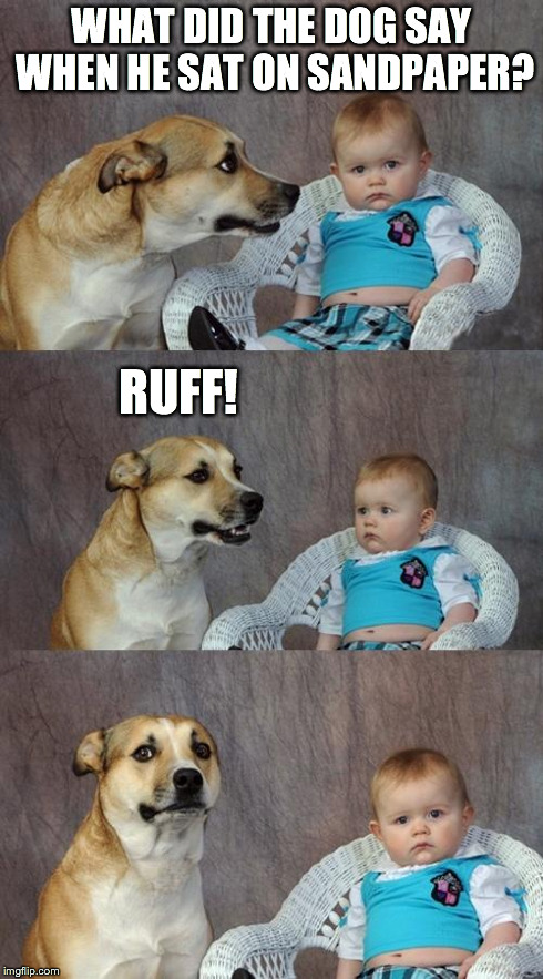 Dad Joke Dog Meme | WHAT DID THE DOG SAY WHEN HE SAT ON SANDPAPER? RUFF! | image tagged in memes,dad joke dog | made w/ Imgflip meme maker