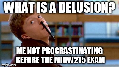 Original Bad Luck Brian | WHAT IS A DELUSION? ME NOT PROCRASTINATING BEFORE THE MIDW215 EXAM | image tagged in memes,original bad luck brian | made w/ Imgflip meme maker