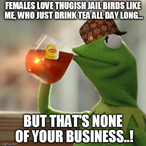 But That's None Of My Business Meme | FEMALES LOVE THUGISH JAIL BIRDS LIKE ME, WHO JUST DRINK TEA ALL DAY LONG... BUT THAT'S NONE OF YOUR BUSINESS..! | image tagged in memes,but thats none of my business,kermit the frog,scumbag | made w/ Imgflip meme maker