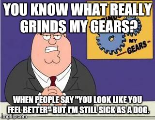 You know what grinds my gears | YOU KNOW WHAT REALLY GRINDS MY GEARS? WHEN PEOPLE SAY "YOU LOOK LIKE YOU FEEL BETTER" BUT I'M STILL SICK AS A DOG. | image tagged in you know what grinds my gears | made w/ Imgflip meme maker