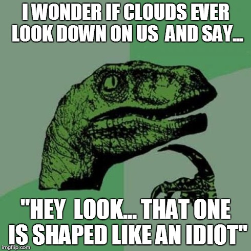Philosoraptor | I WONDER IF CLOUDS EVER LOOK DOWN ON US  AND SAY... "HEY  LOOK... THAT ONE IS SHAPED LIKE AN IDIOT" | image tagged in memes,philosoraptor | made w/ Imgflip meme maker