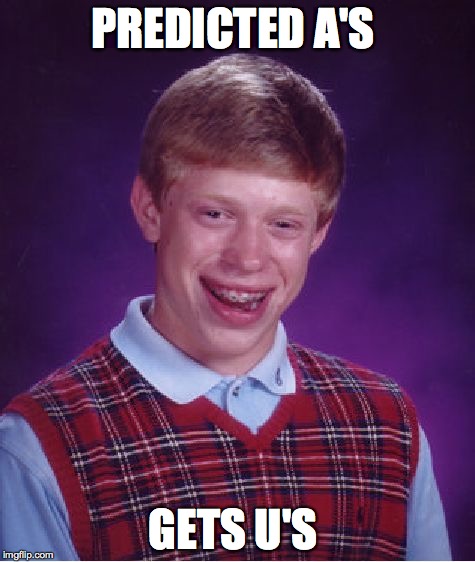 Bad Luck Brian | PREDICTED A'S GETS U'S | image tagged in memes,bad luck brian | made w/ Imgflip meme maker