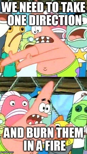 Put It Somewhere Else Patrick | WE NEED TO TAKE ONE DIRECTION AND BURN THEM IN A FIRE | image tagged in memes,put it somewhere else patrick | made w/ Imgflip meme maker