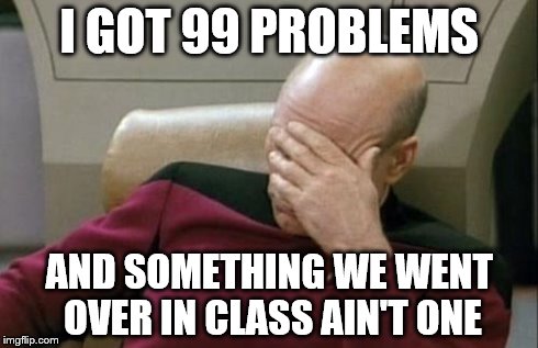 Captain Picard Facepalm Meme | I GOT 99 PROBLEMS AND SOMETHING WE WENT OVER IN CLASS AIN'T ONE | image tagged in memes,captain picard facepalm | made w/ Imgflip meme maker