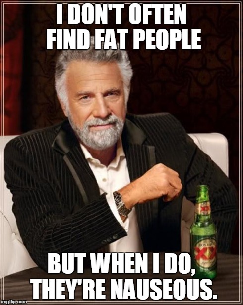 The Most Interesting Man In The World Meme | I DON'T OFTEN FIND FAT PEOPLE BUT WHEN I DO, THEY'RE NAUSEOUS. | image tagged in memes,the most interesting man in the world | made w/ Imgflip meme maker