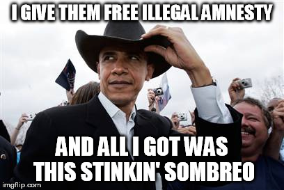 Obama Cowboy Hat Meme | I GIVE THEM FREE ILLEGAL AMNESTY AND ALL I GOT WAS THIS STINKIN' SOMBREO | image tagged in memes,obama cowboy hat | made w/ Imgflip meme maker