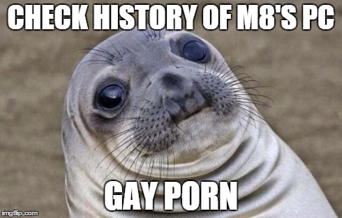 Awkward Moment Sealion Meme | CHECK HISTORY OF M8'S PC GAY PORN | image tagged in memes,awkward moment sealion | made w/ Imgflip meme maker