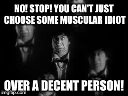 No! Stop! | NO! STOP! YOU CAN'T JUST CHOOSE SOME MUSCULAR IDIOT OVER A DECENT PERSON! | image tagged in no stop | made w/ Imgflip meme maker