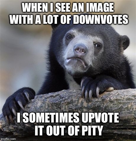 Confession Bear | WHEN I SEE AN IMAGE WITH A LOT OF DOWNVOTES I SOMETIMES UPVOTE IT OUT OF PITY | image tagged in memes,confession bear,upvote,downvote | made w/ Imgflip meme maker