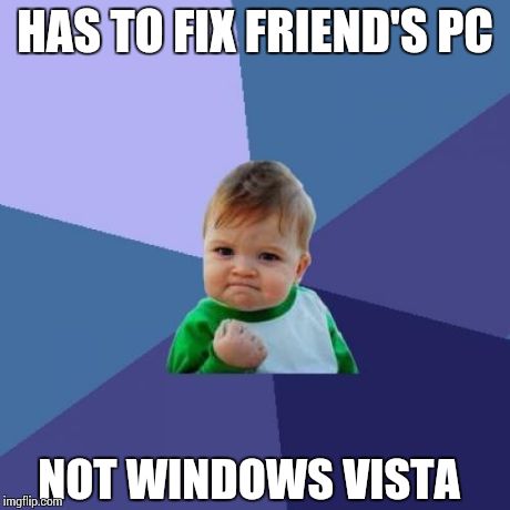 Success Kid Meme | HAS TO FIX FRIEND'S PC NOT WINDOWS VISTA | image tagged in memes,success kid | made w/ Imgflip meme maker