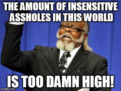Too Damn High | THE AMOUNT OF INSENSITIVE ASSHOLES IN THIS WORLD IS TOO DAMN HIGH! | image tagged in memes,too damn high | made w/ Imgflip meme maker