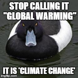 Angry Advice Mallard | STOP CALLING IT "GLOBAL WARMING" IT IS 'CLIMATE CHANGE' | image tagged in angry advice mallard,AdviceAnimals | made w/ Imgflip meme maker