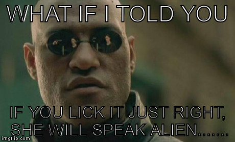 Matrix Morpheus Meme | WHAT IF I TOLD YOU IF YOU LICK IT JUST RIGHT, SHE WILL SPEAK ALIEN....... | image tagged in memes,matrix morpheus | made w/ Imgflip meme maker