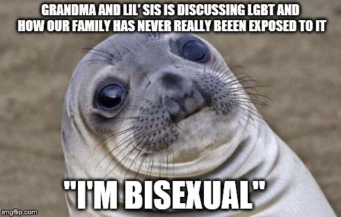 Awkward Moment Sealion Meme | GRANDMA AND LIL' SIS IS DISCUSSING LGBT AND HOW OUR FAMILY HAS NEVER REALLY BEEEN EXPOSED TO IT "I'M BISEXUAL" | image tagged in memes,awkward moment sealion,LGBTeens | made w/ Imgflip meme maker