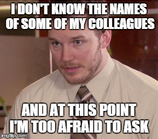 Afraid To Ask Andy Meme | I DON'T KNOW THE NAMES OF SOME OF MY COLLEAGUES AND AT THIS POINT I'M TOO AFRAID TO ASK | image tagged in memes,afraid to ask andy | made w/ Imgflip meme maker