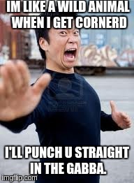 Angry Asian | IM LIKE A WILD ANIMAL WHEN I GET CORNERD I'LL PUNCH U STRAIGHT IN THE GABBA. | image tagged in memes,angry asian | made w/ Imgflip meme maker