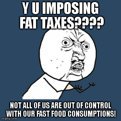 Y U IMPOSING FAT TAXES???? NOT ALL OF US ARE OUT OF CONTROL WITH OUR FAST FOOD CONSUMPTIONS! | image tagged in memes,y u no | made w/ Imgflip meme maker