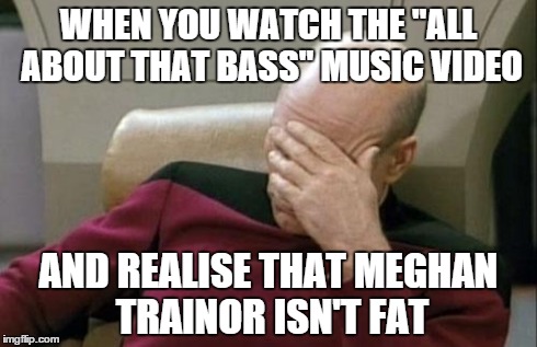 Captain Picard Facepalm | WHEN YOU WATCH THE "ALL ABOUT THAT BASS" MUSIC VIDEO AND REALISE THAT MEGHAN TRAINOR ISN'T FAT | image tagged in memes,captain picard facepalm | made w/ Imgflip meme maker