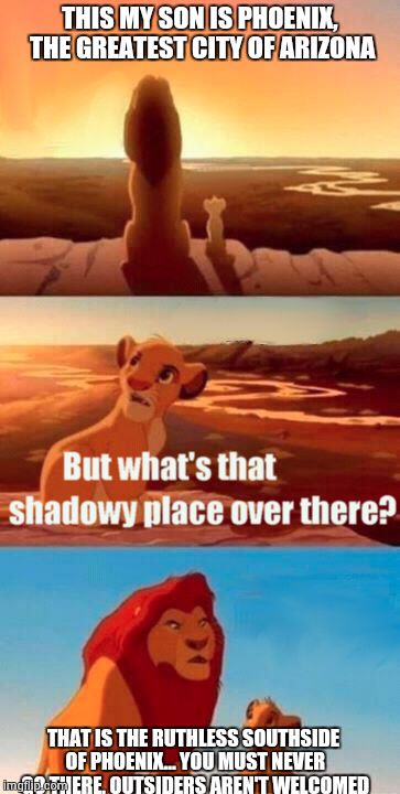 Simba Shadowy Place | THIS MY SON IS PHOENIX, THE GREATEST CITY OF ARIZONA THAT IS THE RUTHLESS SOUTHSIDE OF PHOENIX... YOU MUST NEVER GO THERE, OUTSIDERS AREN'T  | image tagged in memes,simba shadowy place | made w/ Imgflip meme maker