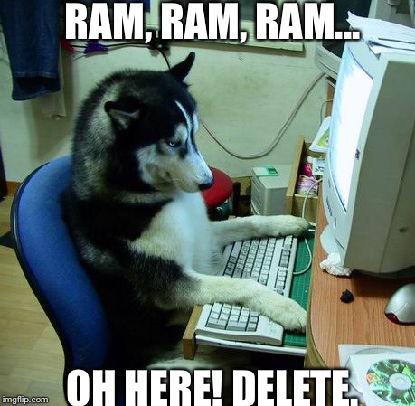 I Have No Idea What I Am Doing | RAM, RAM, RAM... OH HERE! DELETE. | image tagged in memes,i have no idea what i am doing | made w/ Imgflip meme maker