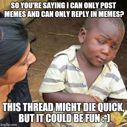 Third World Skeptical Kid Meme | SO YOU'RE SAYING I CAN ONLY POST MEMES AND CAN ONLY REPLY IN MEMES? THIS THREAD MIGHT DIE QUICK, BUT IT COULD BE FUN :-) | image tagged in memes,third world skeptical kid | made w/ Imgflip meme maker