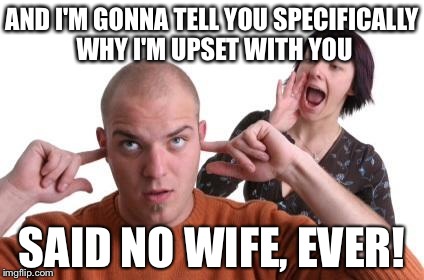 Nagging Wife | AND I'M GONNA TELL YOU SPECIFICALLY WHY I'M UPSET WITH YOU SAID NO WIFE, EVER! | image tagged in nagging wife | made w/ Imgflip meme maker