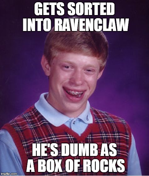 Bad Luck Brian | GETS SORTED INTO RAVENCLAW HE'S DUMB AS A BOX OF ROCKS | image tagged in memes,bad luck brian | made w/ Imgflip meme maker