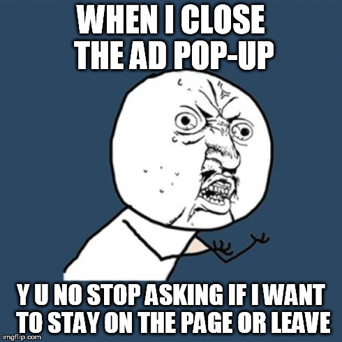 Y U No Meme | WHEN I CLOSE THE AD POP-UP Y U NO STOP ASKING IF I WANT TO STAY ON THE PAGE OR LEAVE | image tagged in memes,y u no | made w/ Imgflip meme maker