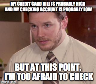 Afraid To Ask Andy | MY CREDIT CARD BILL IS PROBABLY HIGH AND MY CHECKING ACCOUNT IS PROBABLY LOW BUT AT THIS POINT, I'M TOO AFRAID TO CHECK | image tagged in and i'm too afraid to ask andy,AdviceAnimals | made w/ Imgflip meme maker