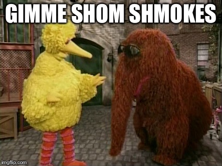 Big Bird And Snuffy | GIMME SHOM SHMOKES | image tagged in memes,big bird and snuffy | made w/ Imgflip meme maker