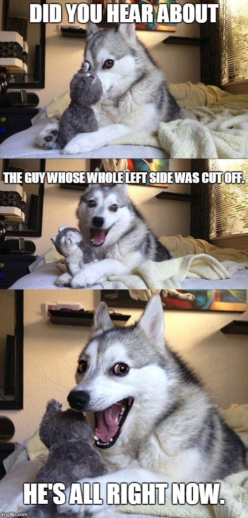 Bad Pun Dog Meme | DID YOU HEAR ABOUT THE GUY WHOSE WHOLE LEFT SIDE WAS CUT OFF. HE'S ALL RIGHT NOW. | image tagged in memes,bad pun dog | made w/ Imgflip meme maker