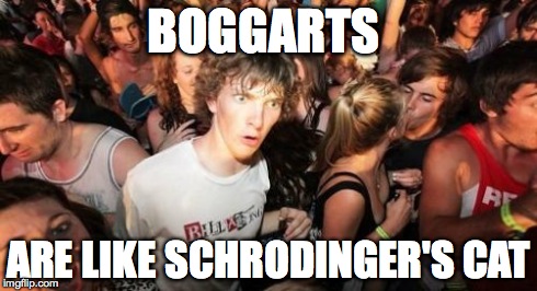 Sudden Clarity Clarence | BOGGARTS ARE LIKE SCHRODINGER'S CAT | image tagged in memes,sudden clarity clarence | made w/ Imgflip meme maker