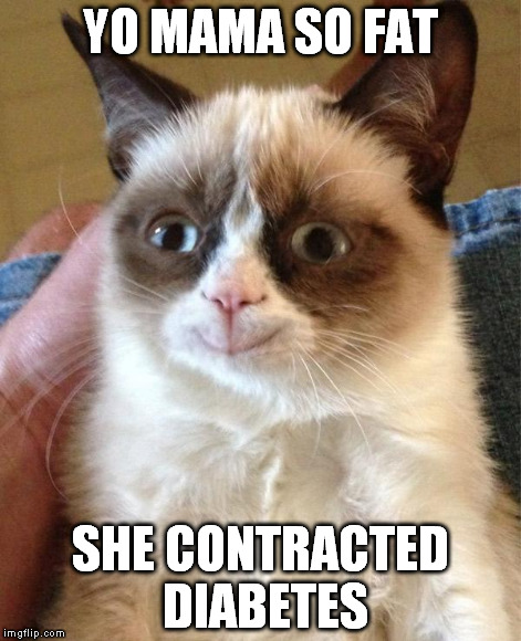 Grumpy Cat Happy Meme | YO MAMA SO FAT SHE CONTRACTED DIABETES | image tagged in grumpy cat happy | made w/ Imgflip meme maker