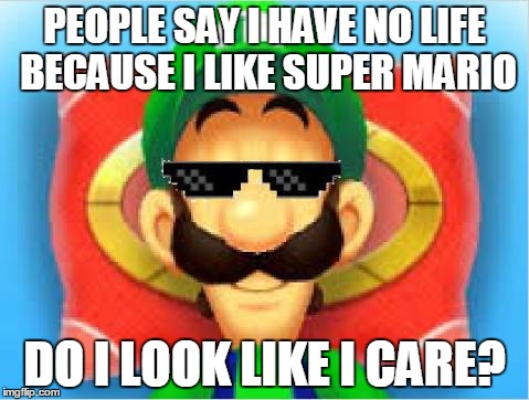 Luigi Does Not Care | PEOPLE SAY I HAVE NO LIFE BECAUSE I LIKE SUPER MARIO DO I LOOK LIKE I CARE? | image tagged in luigi does not care | made w/ Imgflip meme maker