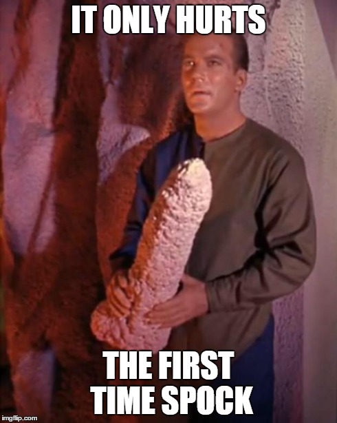 Kirk dildo | IT ONLY HURTS THE FIRST TIME SPOCK | image tagged in kirk dildo,star trek | made w/ Imgflip meme maker