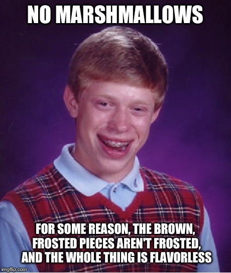 Bad Luck Brian Meme | NO MARSHMALLOWS FOR SOME REASON, THE BROWN, FROSTED PIECES AREN'T FROSTED, AND THE WHOLE THING IS FLAVORLESS | image tagged in memes,bad luck brian | made w/ Imgflip meme maker