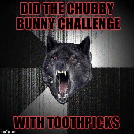 Insanity wolf does chubby bunny challenge | DID THE CHUBBY BUNNY CHALLENGE WITH TOOTHPICKS | image tagged in memes,insanity wolf,chubby bunny,challenge,toothpicks | made w/ Imgflip meme maker